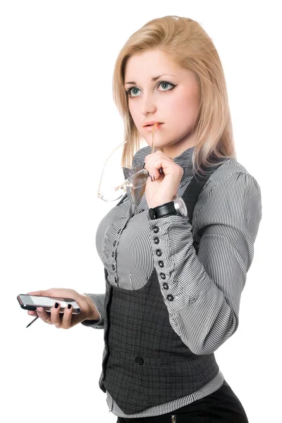 Portrait of pretty young blonde with smartphone. Isolated — Stock Photo, Image