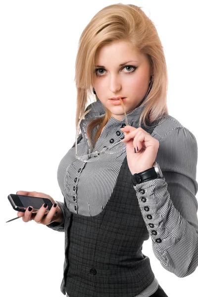 Portret van jonge blonde met smartphone. geïsoleerd — Stockfoto
