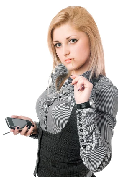 Jonge blonde met smartphone. geïsoleerd — Stockfoto