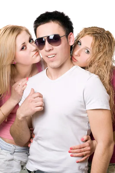 Portrait of a two attractive blonde women with young man — Stock Photo, Image