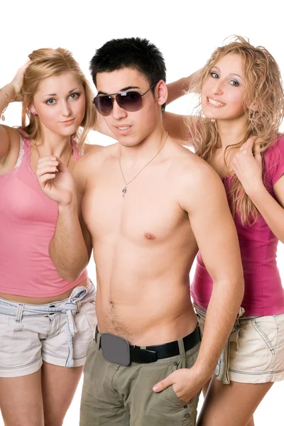 Portrait of a two beautiful blonde women with young man — Stock Photo, Image