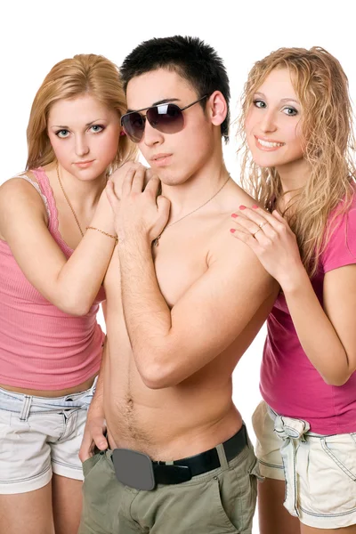 Two pretty blond women with young man — Stock Photo, Image