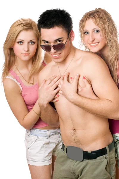 Two beautiful blonde women with young man — Stock Photo, Image