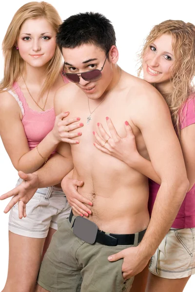 Two smiling pretty blonde women with young man — Stock Photo, Image