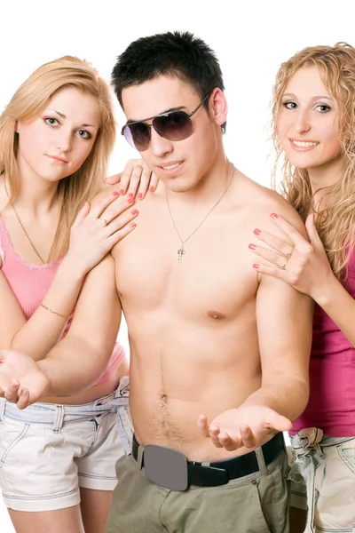 Two happy pretty blonde women with young man — Stock Photo, Image