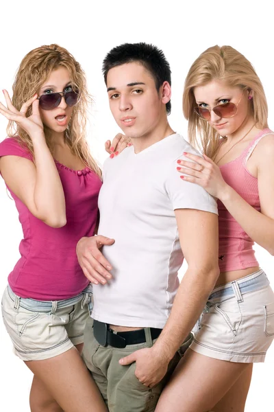 Two passionate blonde women with handsome young man — Stock Photo, Image