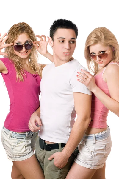 Two happy blonde women with handsome young man — Stock Photo, Image