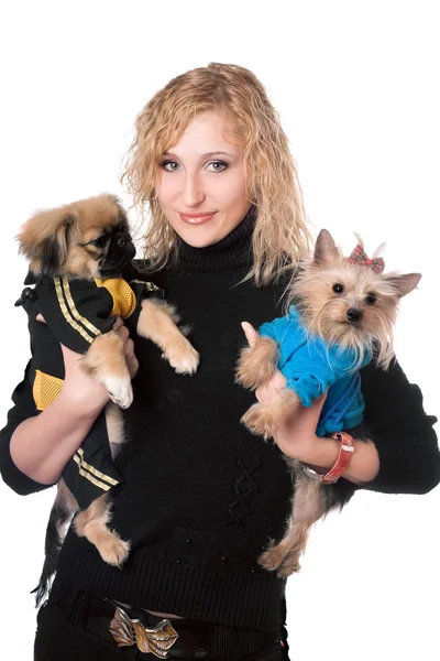 Portrait of smiling pretty blonde with two dogs. Isolated Royalty Free Stock Photos