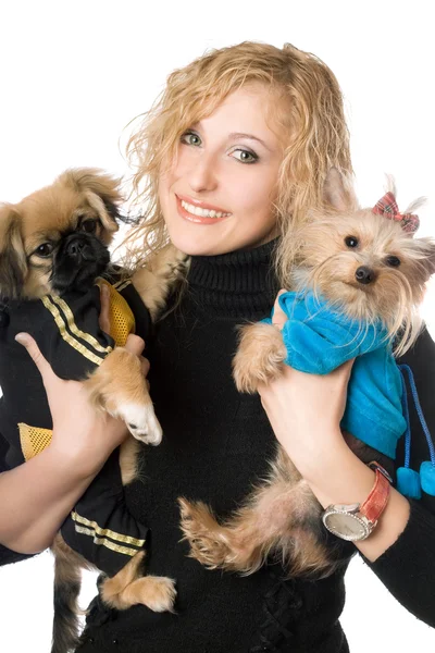 Portrait of smiling attractive blonde with two dogs. Isolated Royalty Free Stock Images