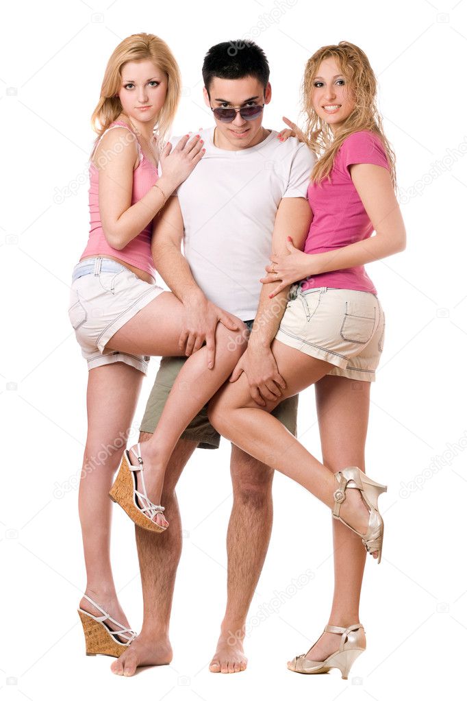 Young man and two playful girls