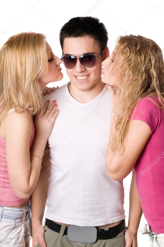 Two pretty blonde kissing young man
