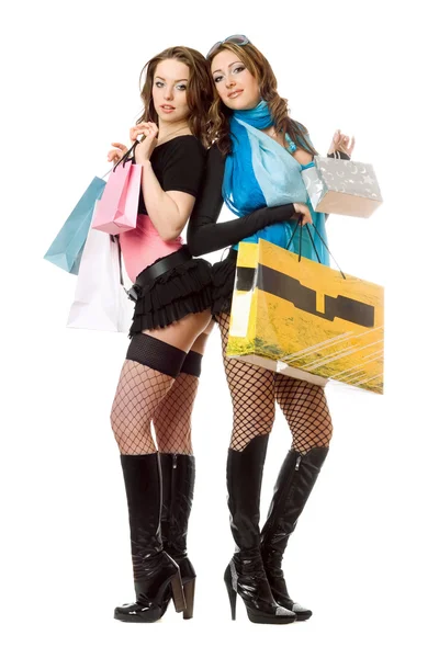 Two attractive young women after shopping — Stock Photo, Image