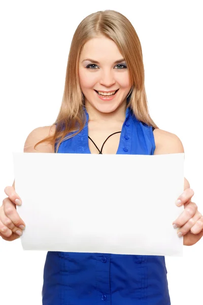 Happy young woman holding empty white board — Stock Photo, Image