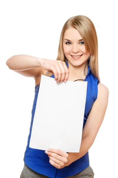 Pretty young woman holding empty white board — Stock Photo, Image