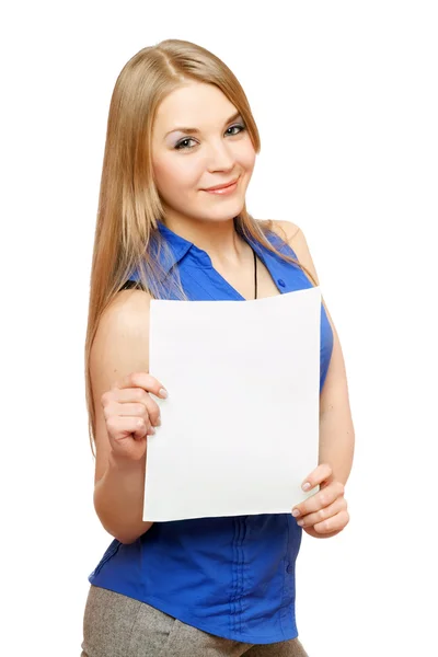 Lovely young woman holding empty white board — Stock Photo, Image