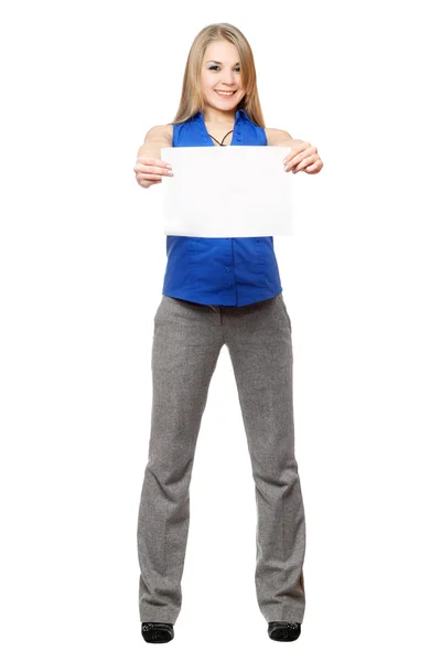 Happy young blonde holding empty white board. Isolated — Stock Photo, Image