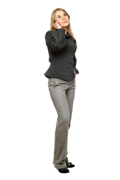 Mladá žena v šedém obleku — Stock fotografie