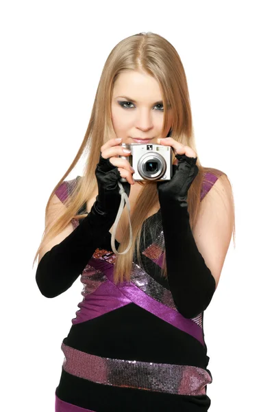 Young beautiful blonde holding a photo camera. Isolated — Stock Photo, Image