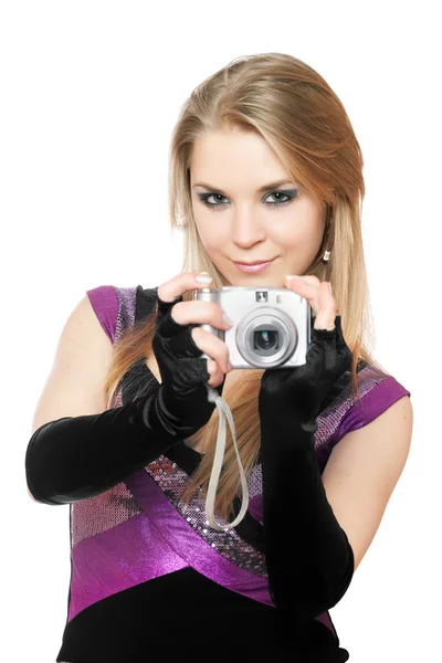 Attractive blonde holding a photo camera. Isolated — Stock Photo, Image