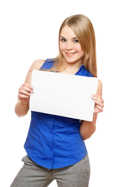 Cheerful young woman holding empty white board — Stock Photo, Image