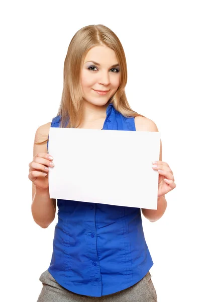 Beautiful young woman holding empty white board — Stock Photo, Image