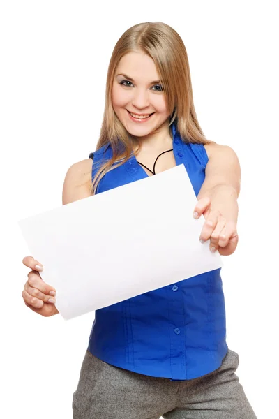 Joyful young woman holding empty white board — Zdjęcie stockowe