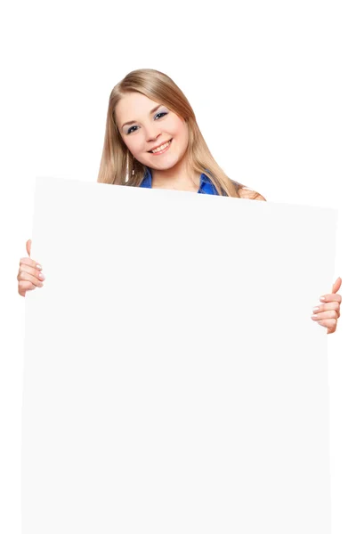 Joyful young woman posing with white board — Stock Photo, Image