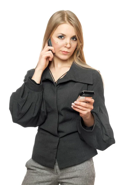 Thoughtful young blonde in a gray business suit — Stock Photo, Image