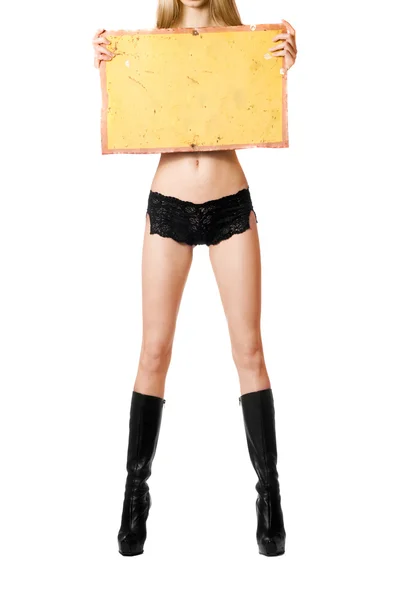 Mulher sexy com placa vintage amarelo — Fotografia de Stock