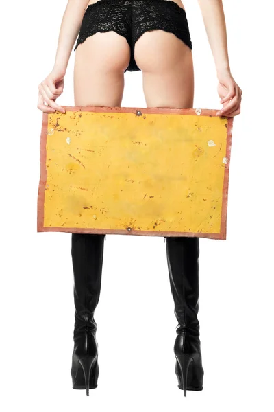 Sexy woman with yellow vintage board — Stock Photo, Image