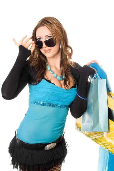Vacker ung kvinna efter shopping. isolerad på vit — Stockfoto