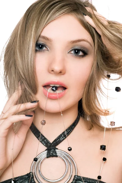 Portrait of beautiful girl with a bead — Stock Photo, Image