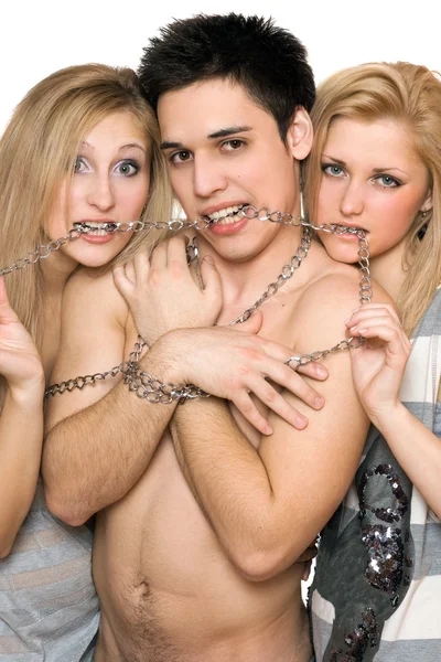 Two attractive girls and a guy — Stock Photo, Image