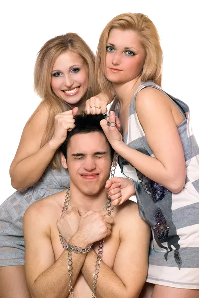 Two playful blonde and a guy in chains — Stock Photo, Image
