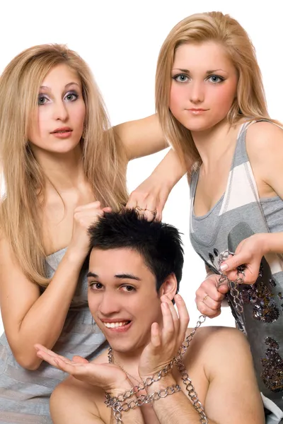 Two young blonde and a guy in chains — Stock Photo, Image