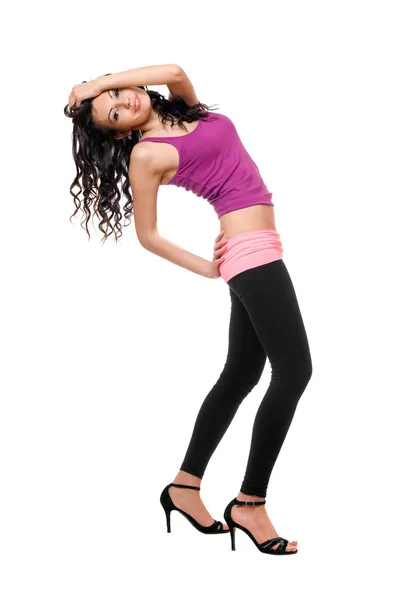 Joyful young brunette in a black leggings — Stock Photo, Image