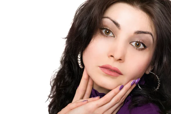 Closeup portrait of attractive young woman in a purple jacket — Stock Photo, Image
