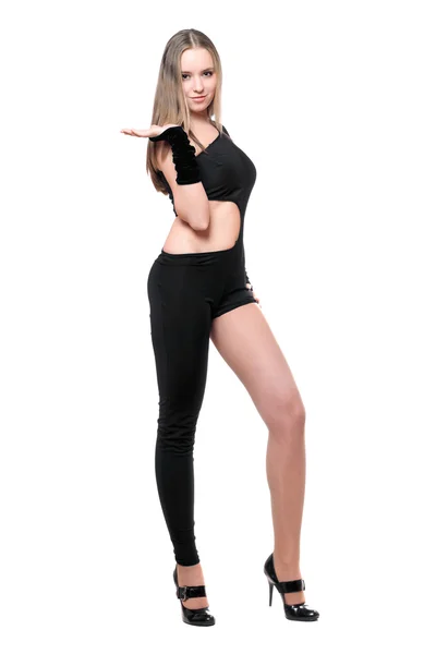 Sexig lekfull ung kvinna i åtsittande svart kostym — Stockfoto