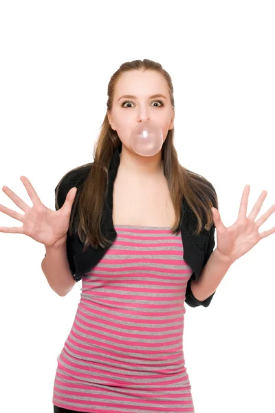 Young woman blowing a bubble — Stock Photo, Image