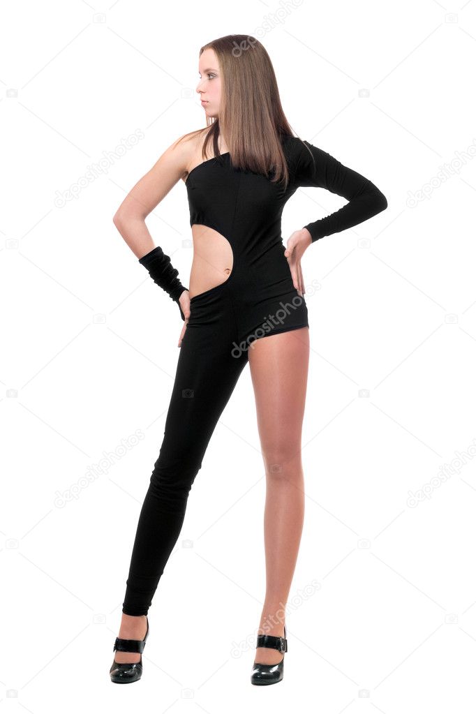 Pretty young woman in skintight black costume