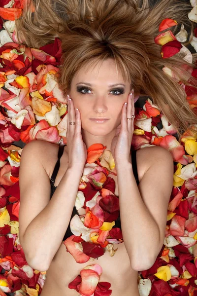 Blondine liegt in Rosenblättern — Stockfoto