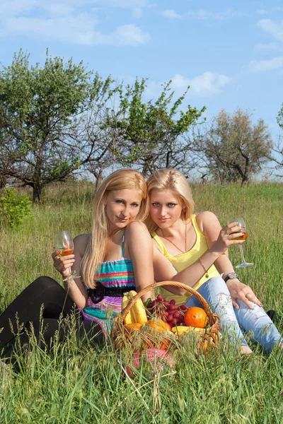 Two attractive blonde with wineglasses — Stock Photo, Image