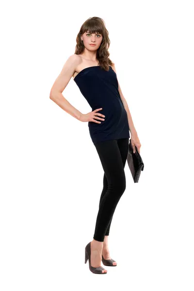 Pretty girl in black leggings with a handbag — Stock Photo, Image