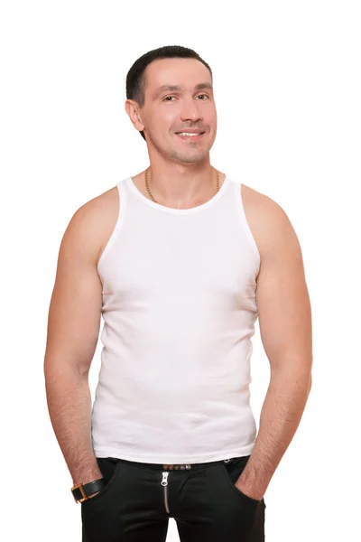 Усміхнений чоловік у білій футболці — стокове фото