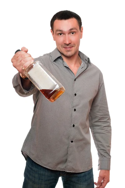 Férfi egy üveg whiskey-vel — Stock Fotó