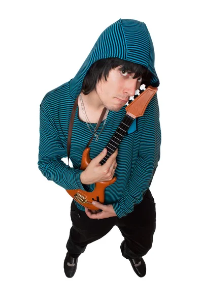 Bizarre young man with a little guitar — Stock Photo, Image