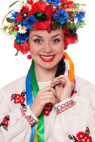 Lachende vrouw in de Oekraïense nationale kleren — Stockfoto
