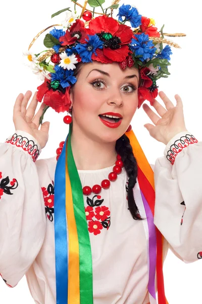 Gelukkige vrouw in de Oekraïense nationale kleren — Stockfoto
