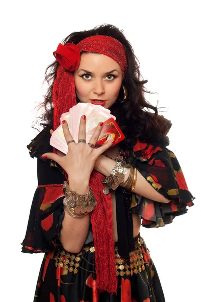 Retrato de mujer gitana con tarjetas — Foto de Stock