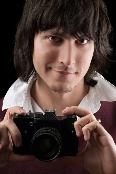 Photographer with the vintage camera. Isolated — Stock Photo, Image